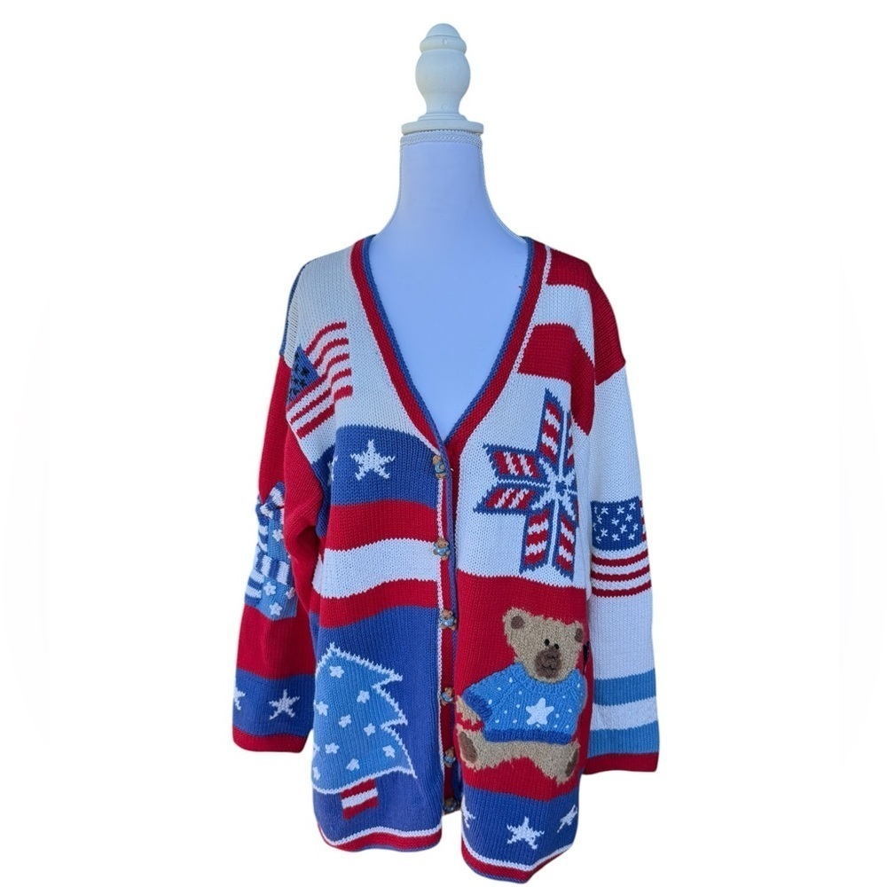 Storybook Knits Sweater 1X Teddy Bear Patriotic Santa Christmas USA Cottagecore